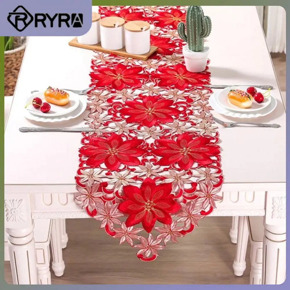 

Christmas Double Thickness Red Rustic Cutwork Embroidered Floral Table Runners Decorations For Dining Christmas Table Runner
