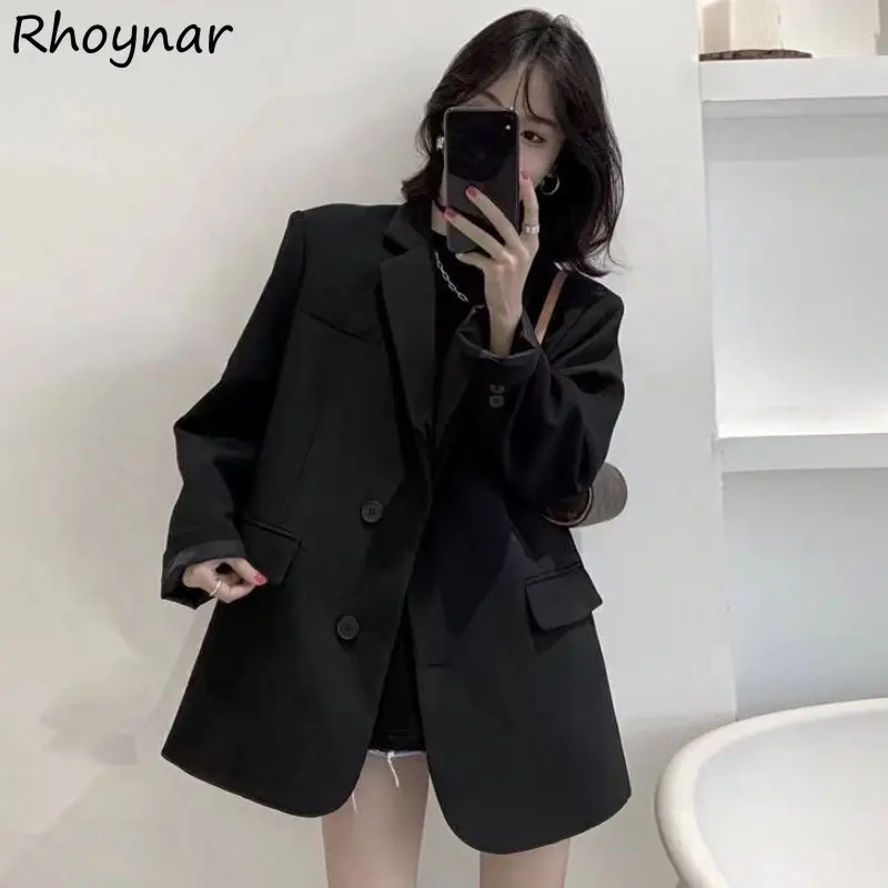 Black Blazers Women Baggy Minimalist Elegant Designer French Hipsters Double Breasted Office Ladies Long Sleeve Clothes Popular