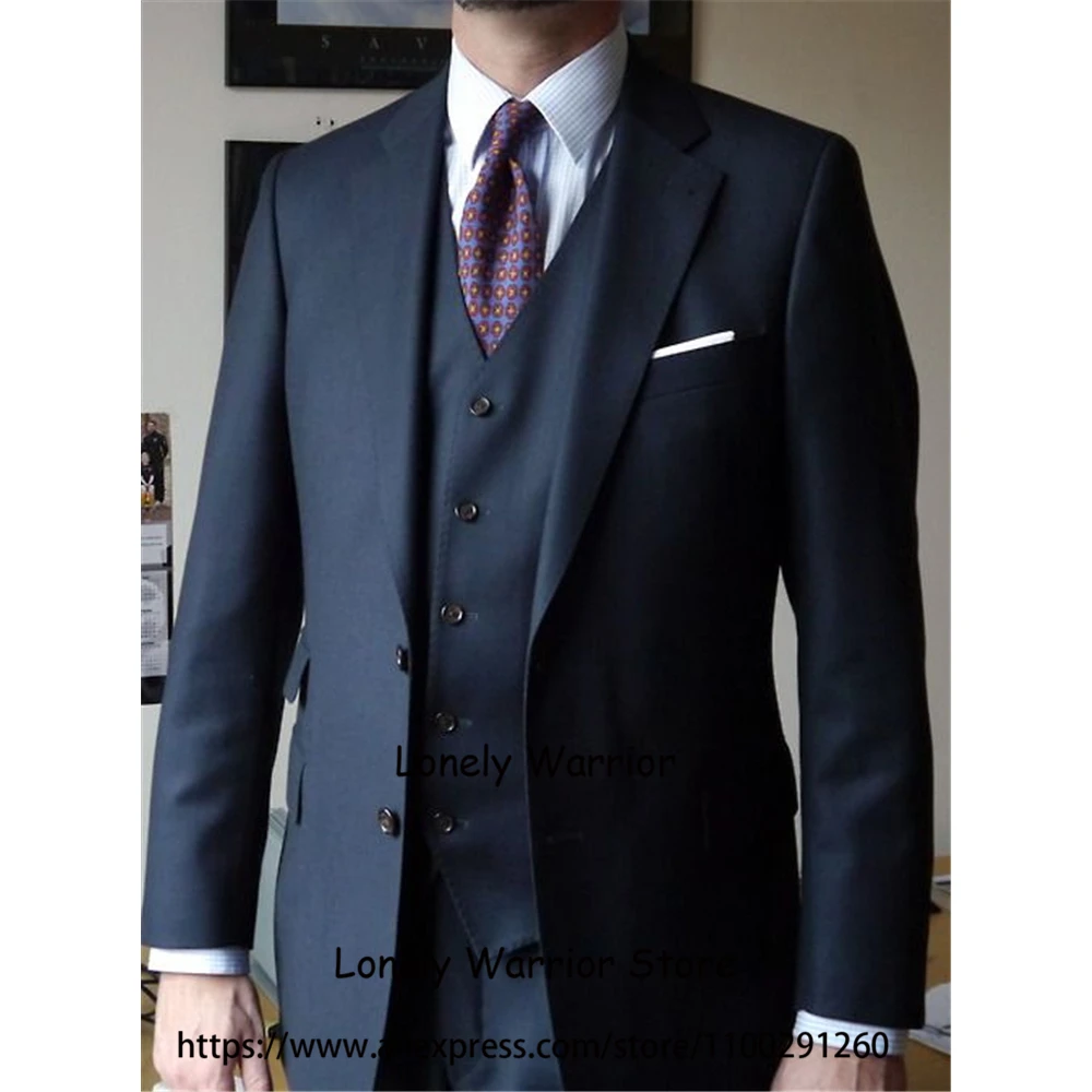 Navy Blue Daily Suits For Men Formal Business Blazer Slim Fit Wedding Groom Tuxedo 3 Piece Set Terno Masculino Jacket Vest Pants