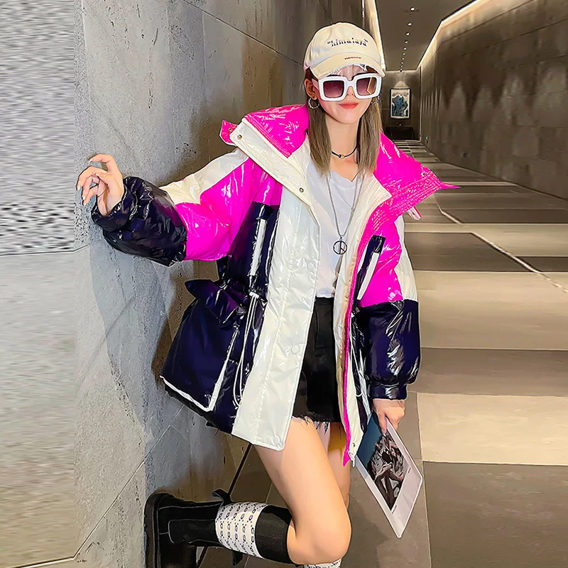 Bright Face Down Padded Women Winter 2022 New Short Hooded Patchwork Color Waist Disposable Thick Fashion Bread Cotton Female