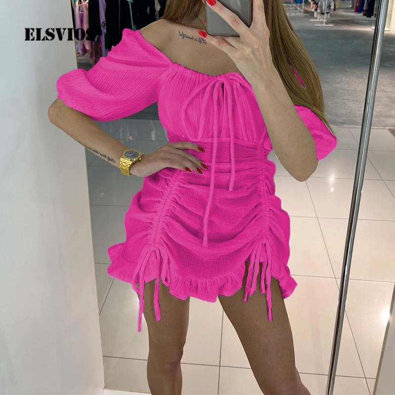 

Sexy Off-shoulder Short Sleeves Bodycon Dress New Fashion Casual Solid Color Lace-up Drawstring Dresses For Women Elegant Skirts