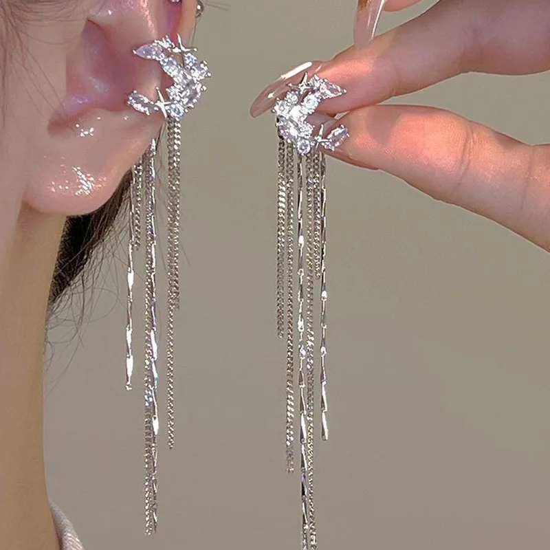 

New Super Glitter Moon Zircon Advanced Long Tassel Ear Clip For Women Korean Fashion Earring Daily Birthday Party Jewelry Gifts