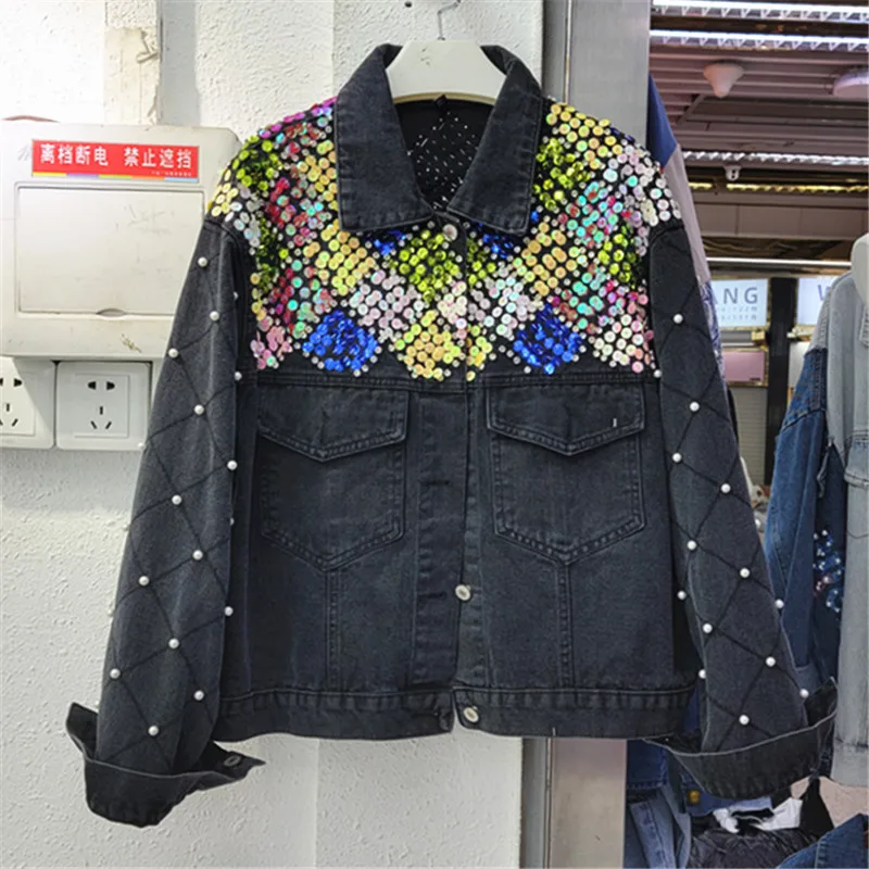 2022 Spring New Girls Coats Woman Mixed Color Sequin Bead Plaid Sleeve Stitching Denim Coat for Women Loose Casual Jeans Jacket
