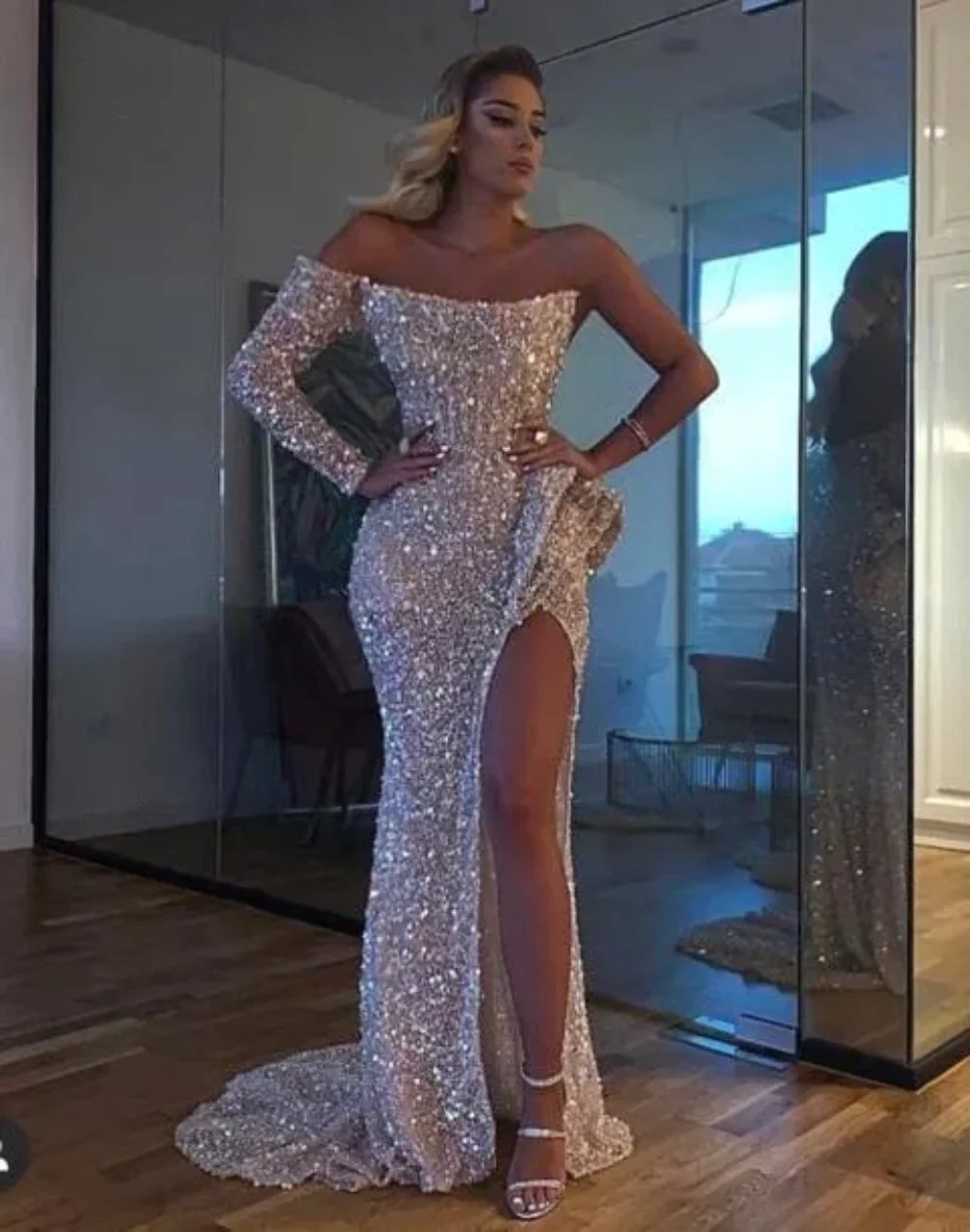 

Elegant One Shoulder Sequins Mermaid Long Evening Dresses Flare Long Sleeves Ruched Split Sweep Train Formal Party Prom Dresses
