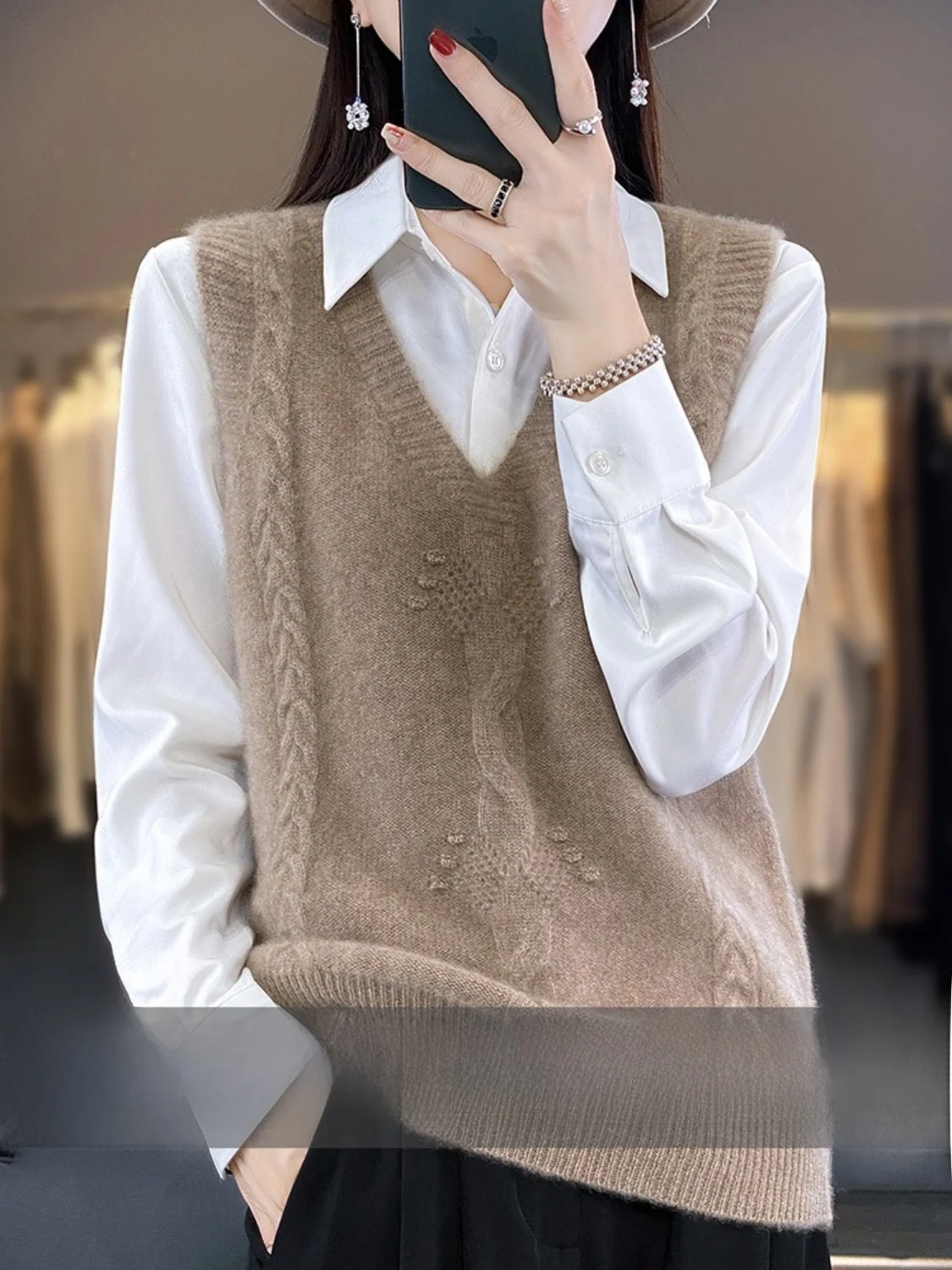 Erdos Ci Angora Vest Women Autumn Loose V-neck Twist Outdoor Overlapping Fleece Knit sweater