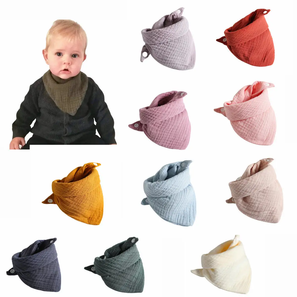 

Baby Bibs Triangle Saliva Towel Muslin Cotton Boys Girls Newborn Solid Color Snap Button Burp Cloths Feeding Drool Bib Infant