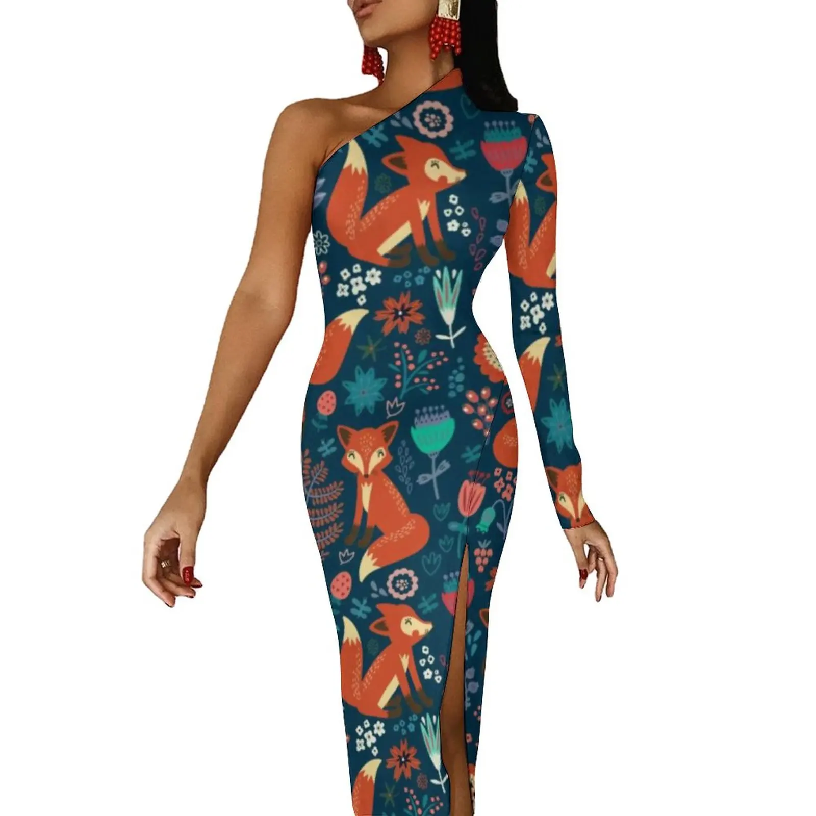 

Cute Red Fox Maxi Dress Long Sleeve Flowers Print Party Bodycon Dresses Spring Modern Dress Women Graphic Vestidos
