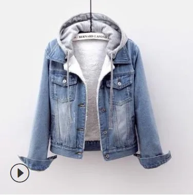 Denim and Cashmere Coat Women's Winter 2022 New Loose Hooded Thick Short Student Lamb Cotton Dress Women's Tide