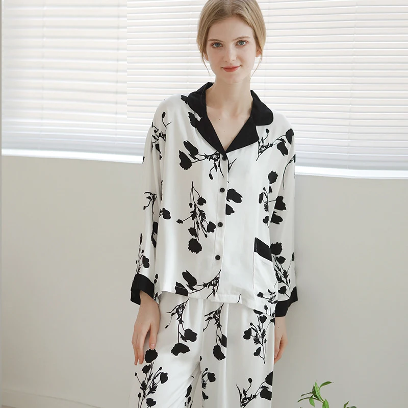 2022 New Spring Summer Satin-like Cotton Pajamas Set Women High Quality Pint Cardigan Homewear Full Sleeve Night Sleep Pants