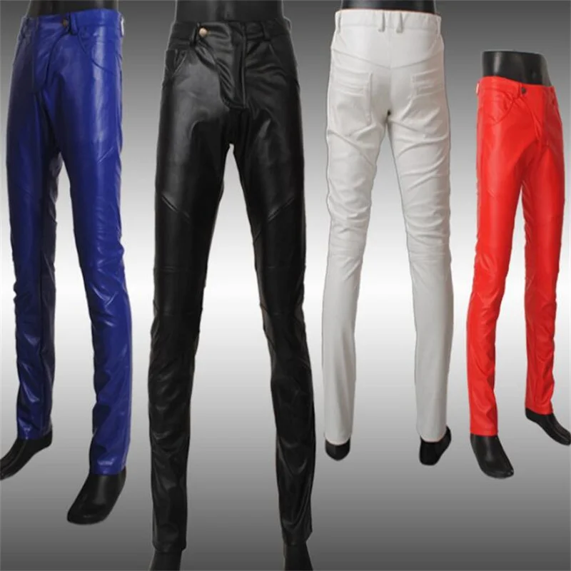 Autumn fashion motorcycle leather pants men skinny trousers tight pantalones hombre cargo pants for men pantalon black white red