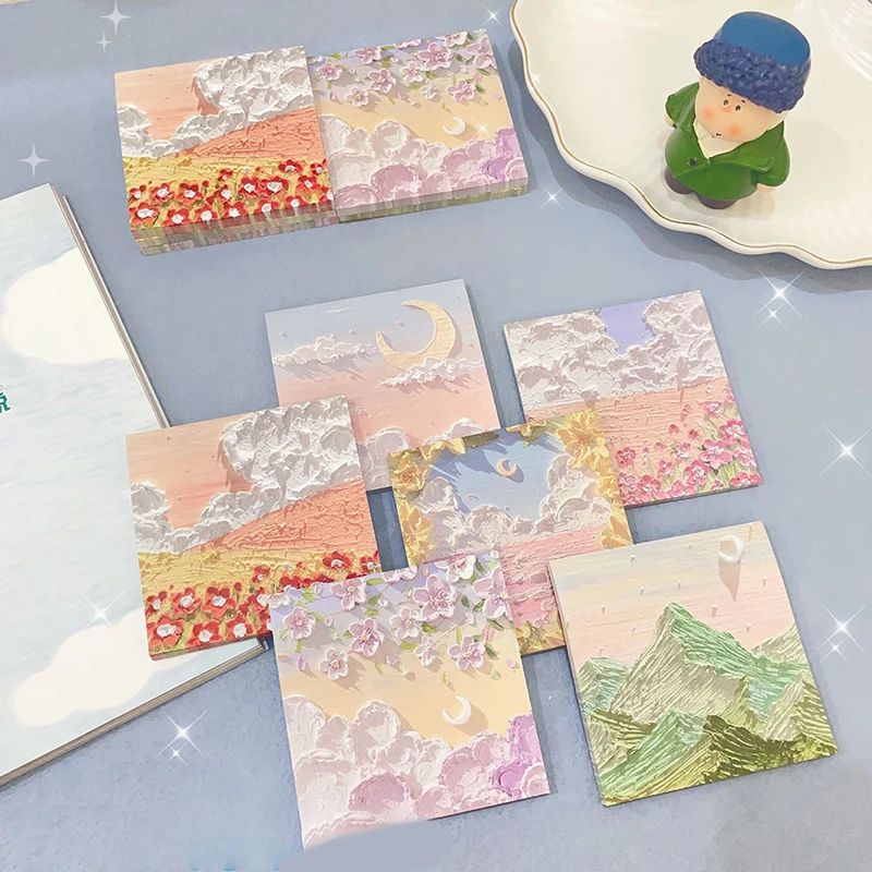 

Oil Painting Memo Pad No-Sticky Note Decal Scrapbooking Diy Notepad Diary Stationery Small Fresh Pastoral Style