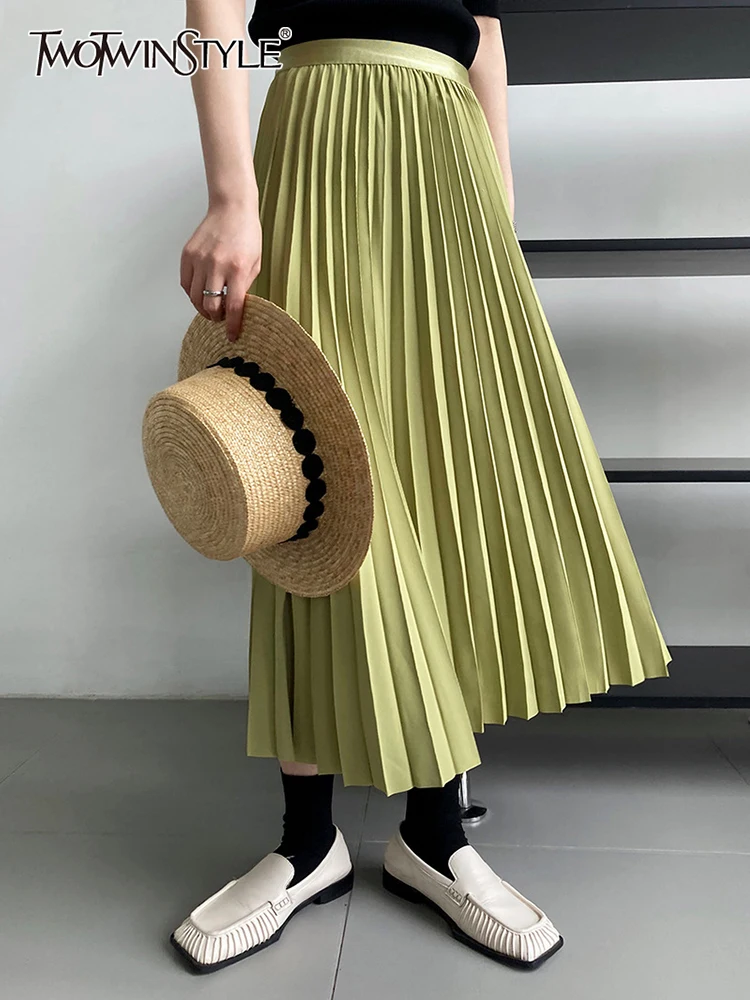 

TWOTWINSTYLE Korean Fashion Loose Skirt For Women High Waist Patchwork Pleated Solid Midi Skirts Female 2022 Spring Clothing New