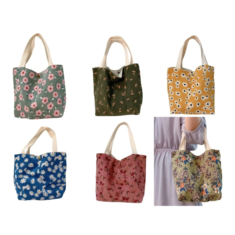 

Flower Print Corduroy Tote Bags with Handle Mummy Bag Party Gift Shopping Handbag Summer Beach Small Handbags