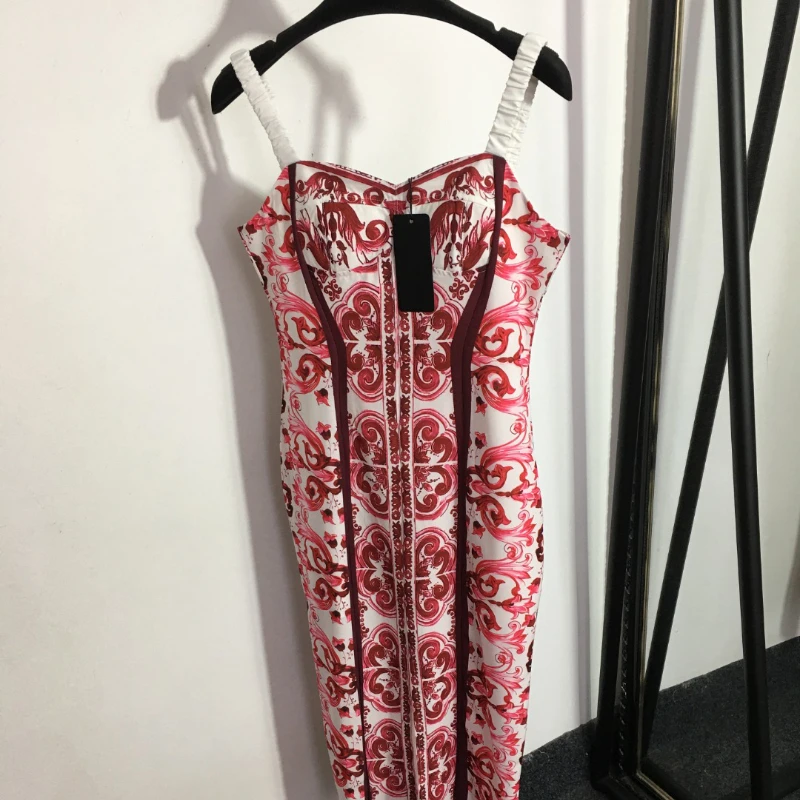 High quality retro patterned printed buttocks, slim fitting bra, suspender dress summer dress women  summer dress  mini dress