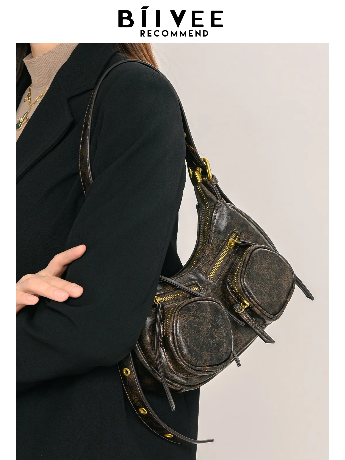 Biivee Retro Distressed Underarm Baguette Bag Trendy Cool Punk Sle Gyaru 2024 Fashion Shoulder Messenger