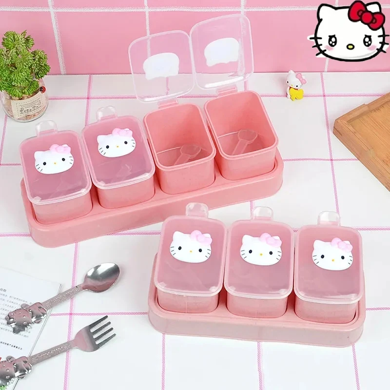 

Sanrio Kawaii Hello Kitty банка для приправ мультфильм с крышкой кухонная коробка для приправ с ложкой изысканный кухонный набор для хранения
