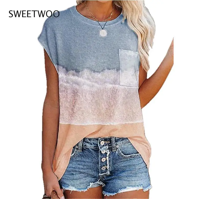 

2022 Summer Splicing Tee Shirt Women Casual Loose Short Sleeve O-Neck Color Block Pocket Tops Ladies Pullover Streetwear Shirts