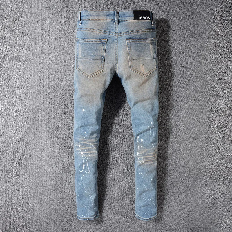 2022 Light Blue Streetwear Men Fashion Distressed Destroyed Tie Dye Rivet Patched Skinny Stretch Ripped Slim Fit Jeans Hombres