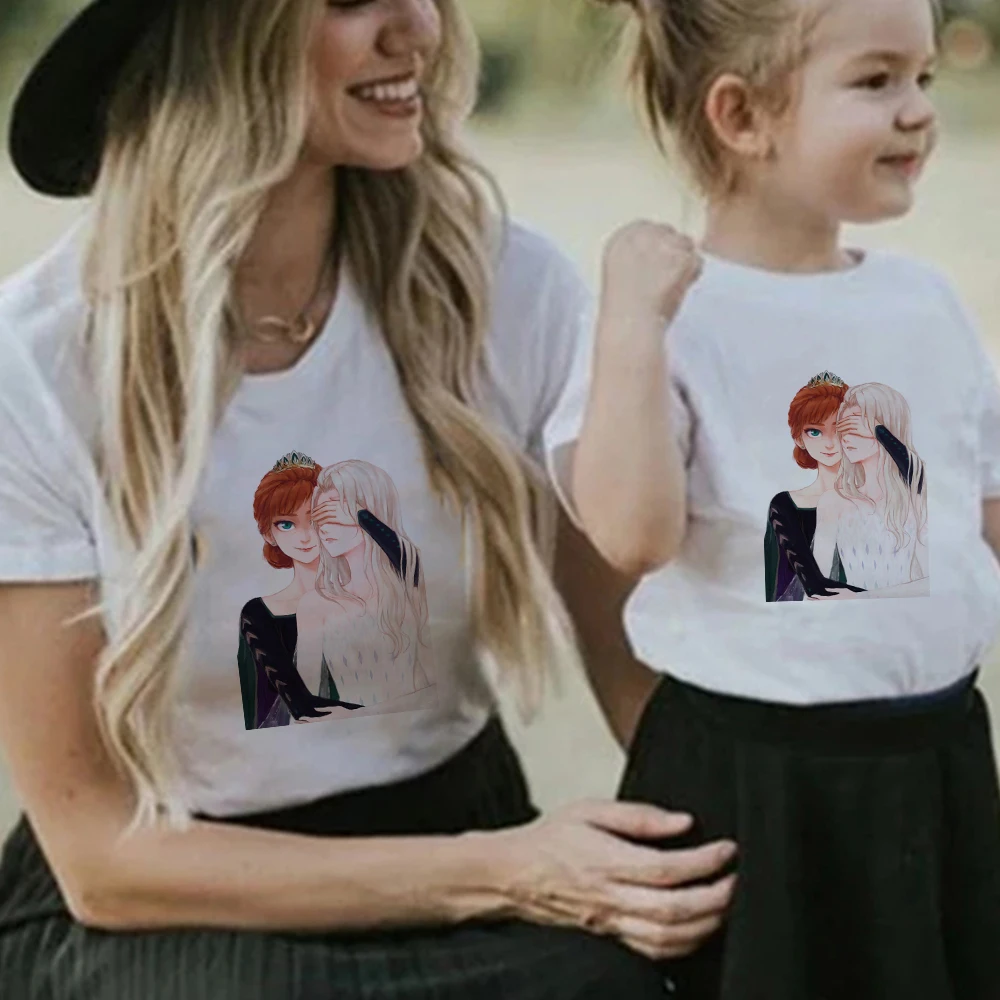 

Frozen Anna Elsa Sisters Matching Outfits Twins Shirt Fashion European Summer Short Sleeve 2022 Disney Clothes Mom and Daughter