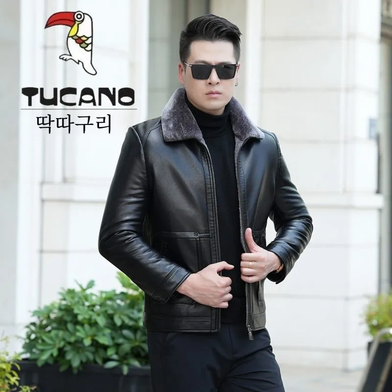 Утолщенное кожаное пальто на флисовой подкладке Дятел мужская очень большая