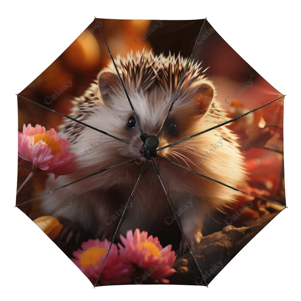 

Hedgehog Colorful Flowers Umbrella Rain Women 3-Folding Fully Automatic Umbrella Sun Protection Outdoor Travel Tool Parapluie