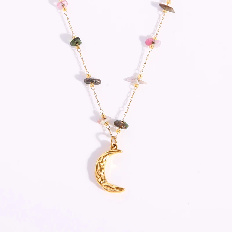 

Half Moon Necklace Stainless Steel Necklace For Women Metal Crescent Pendant Necklaces Stone Chain Choker Collier Femme