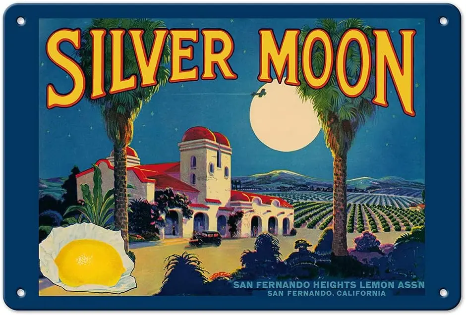 Pcfc slnd Lemons - Slver Moon Brnd Sn Fernndo Clforn Vntge Frut Ce Lbel c.1930s 8 12 nch Metl Tn Sgn