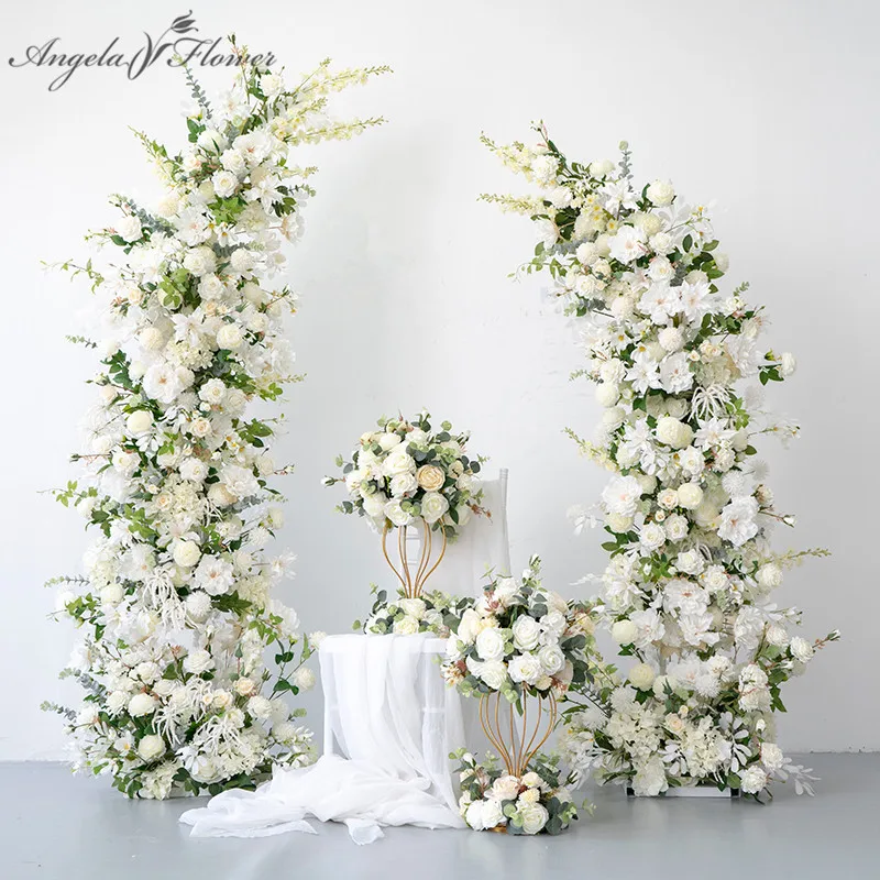 

New Moon Shape Horn Arch With White Flower Runner Wedding Backdrop Arrangement Marriage Event Party Stage Prop Table Floral Ball