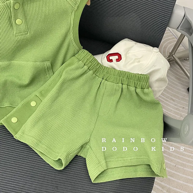 Children's Casual Sports Suit Children's Clothing 20222 Summer Boys and Girls Waffle Sleeveless Vest Top Shorts