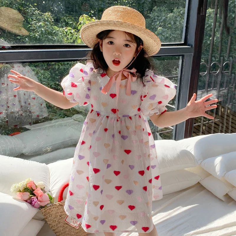 

Boutique Coloured Love Heart Dress for Girls 2-6 Years Summer White Puff Sleeve Princess Dresses Casual Children Clothings