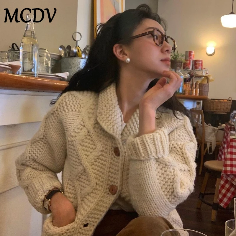 MCDV повседневные однотонные вязаные кардиганы женские однобортный свитер с