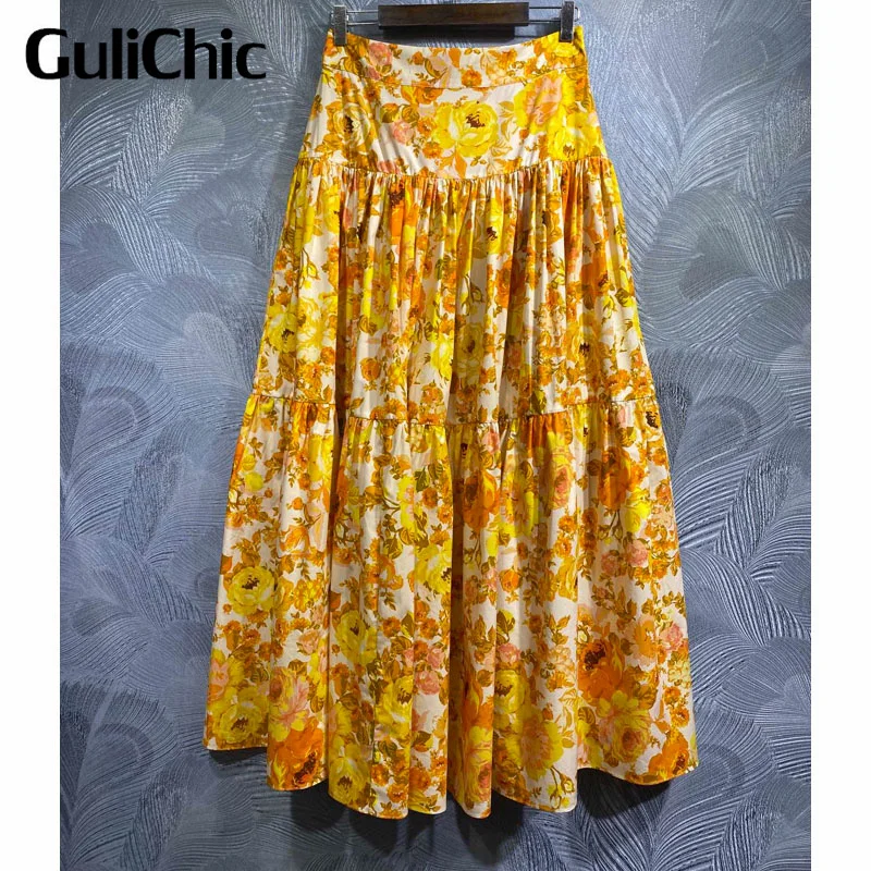 

6.1 GuliChic Fashion Flower Pattern Print High Waist Back Zipper Folds Loose Temperament Long Skirt Women