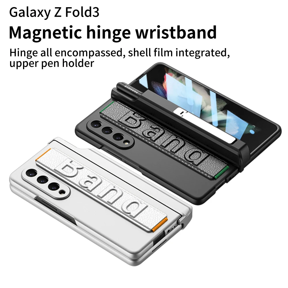 Magnetic Pen Holder Protective Case For Samsung Galaxy Z Fold4 3 Case Fold3 Shockproof Hinge Case With Wrist Strap & Screen Film