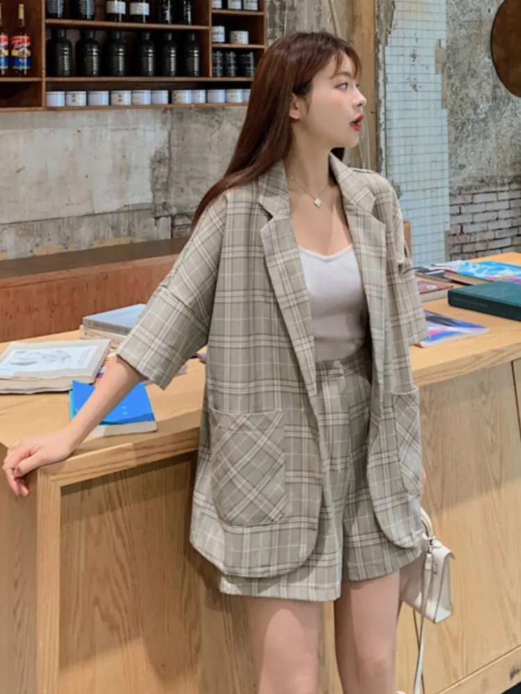 

Women's Summer Elegant Casual Blazer Shorts Suit Loose Plaid Jackets High Waist Pants 2 Piece Set Female Fashion Korean Clothes