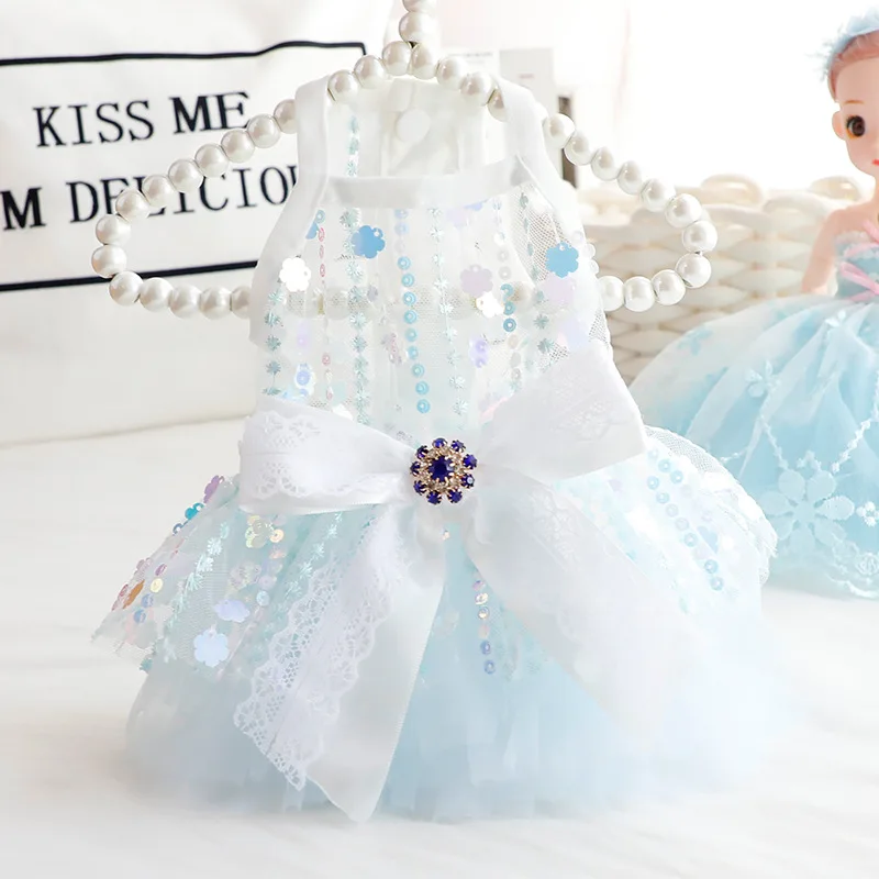 

Fashion Handmade Light Blue Lovely Pet Dog Clothes Luxury Fine Sequin Lace Bow Summer Princess Dress For Small Medium Dog Poodle