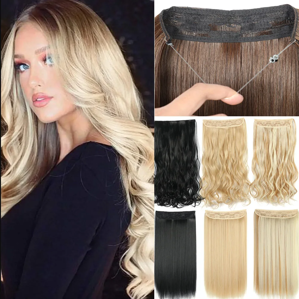 No Clip in Halo Hair Extension Synthetic Natural Hair Extensions Fish Line Blonde Pink One Piece False Hairpiece Fake Hair Piece