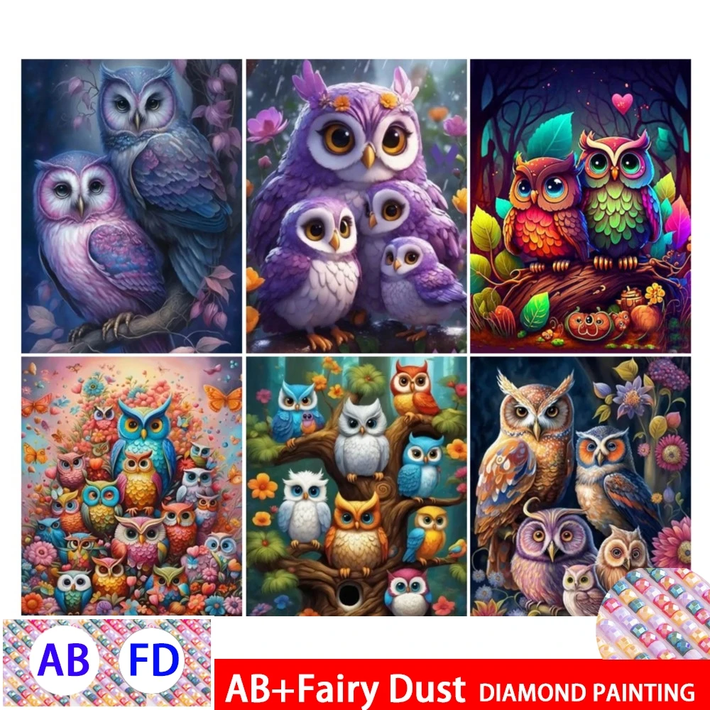 AB Фея пыль Diy Полная мозаика Искусство Цвет Сова Алмазная картина Новинка 2024