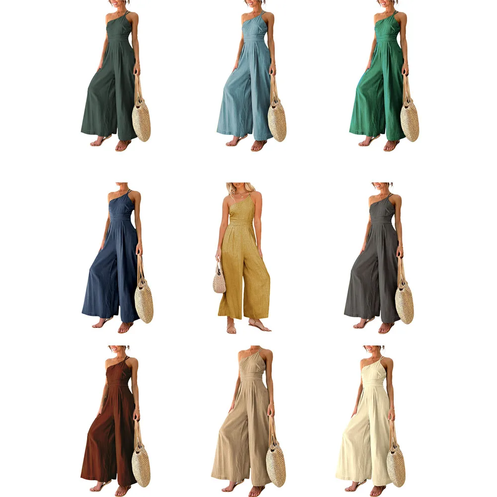 

Женский однотонный комбинезон на одно плечо, без рукавов, с высокой талией и широкими штанинами