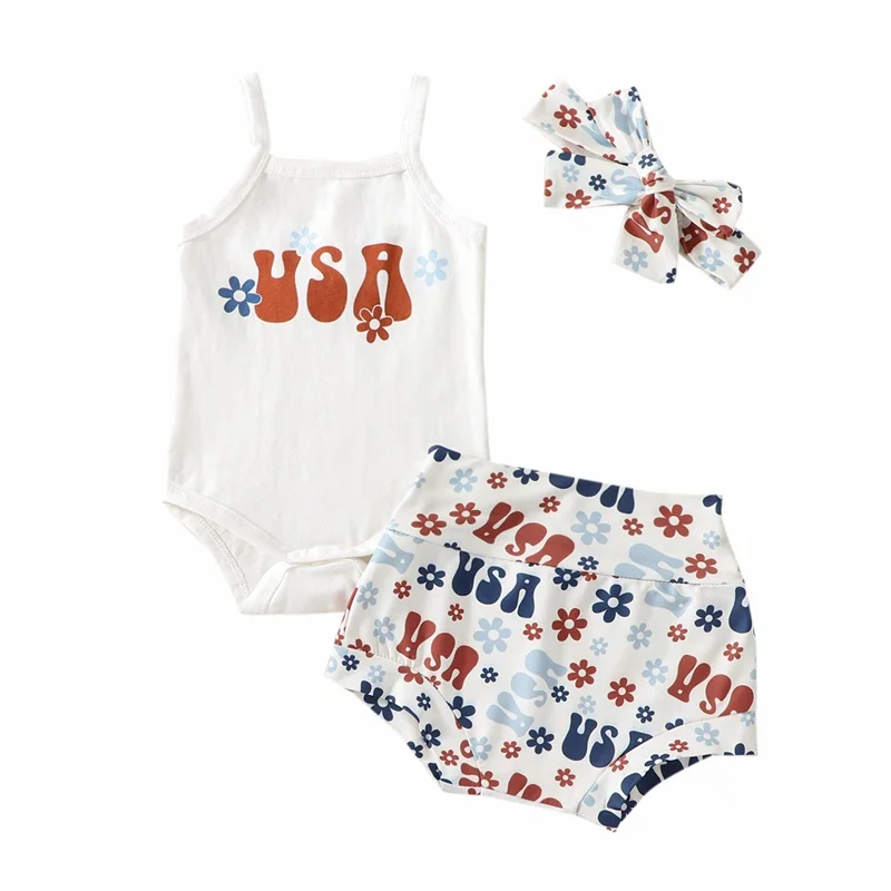 

0-18M Newborn Baby Girls Shorts Set Summer Sleeveless Letters Romper Bodysuit with Flower Print Shorts and Hairband Outfits