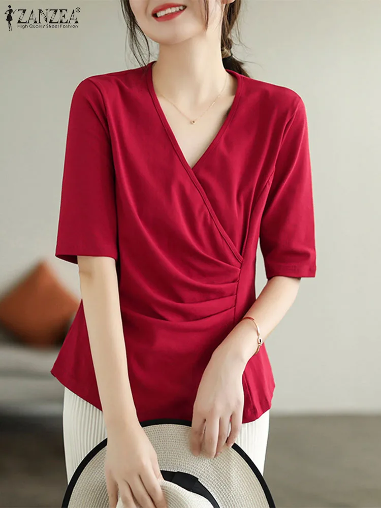 

ZANZEA Women V Neck Irregular Hem Pleated Shirt Casual Half Sleeve Wrap Blouse Elegant Solid Color Office Lady Summer 2023 Tops