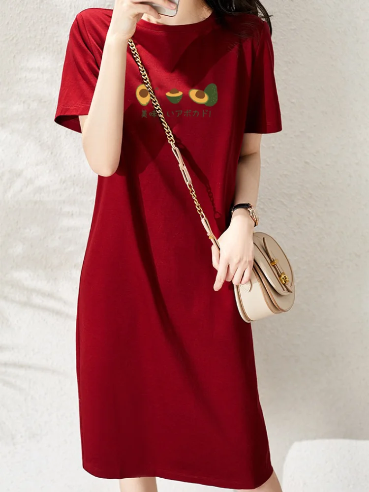 

Fruit Printing Cute Dresses Woman 2022 Summer Korean Casual Midi Tshirt Dress Short Sleeve O-Neck Loose Vestidos Black Clothing