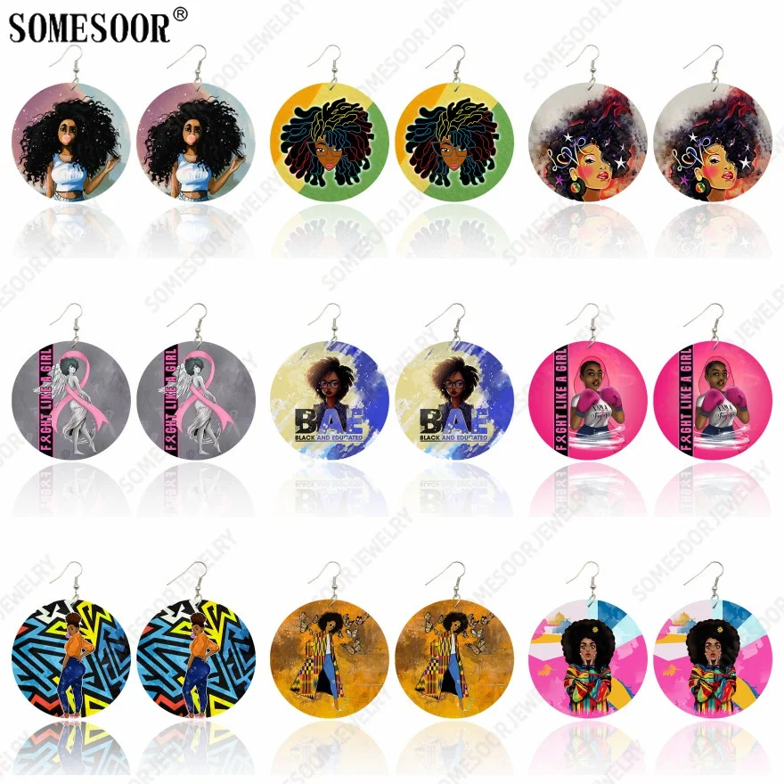 

SOMESOOR Afro Curly Natural Hair Print Wooden Drop Earrings Living Like A Girl Pink Ribbon Loops Dangle Jewelry For Women Gifts