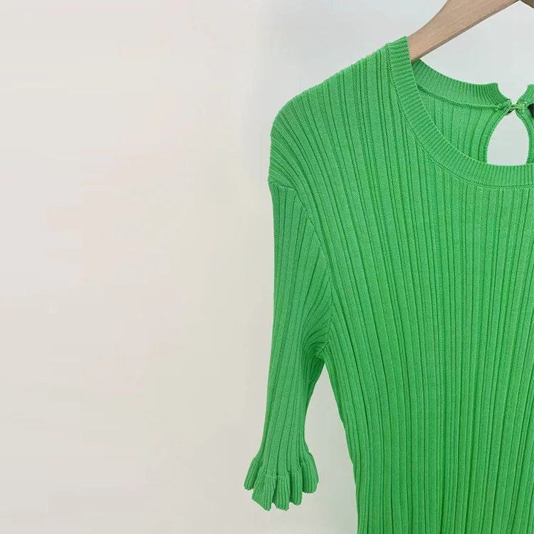 Women Thread O-Neck Spliced Ruffles Half Sleeve Solid Color Mini Slim Dress
