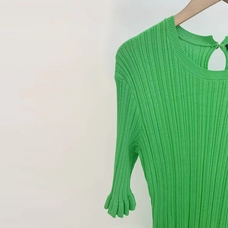 

Women Thread O-Neck Spliced Ruffles Half Sleeve Solid Color Mini Slim Dress