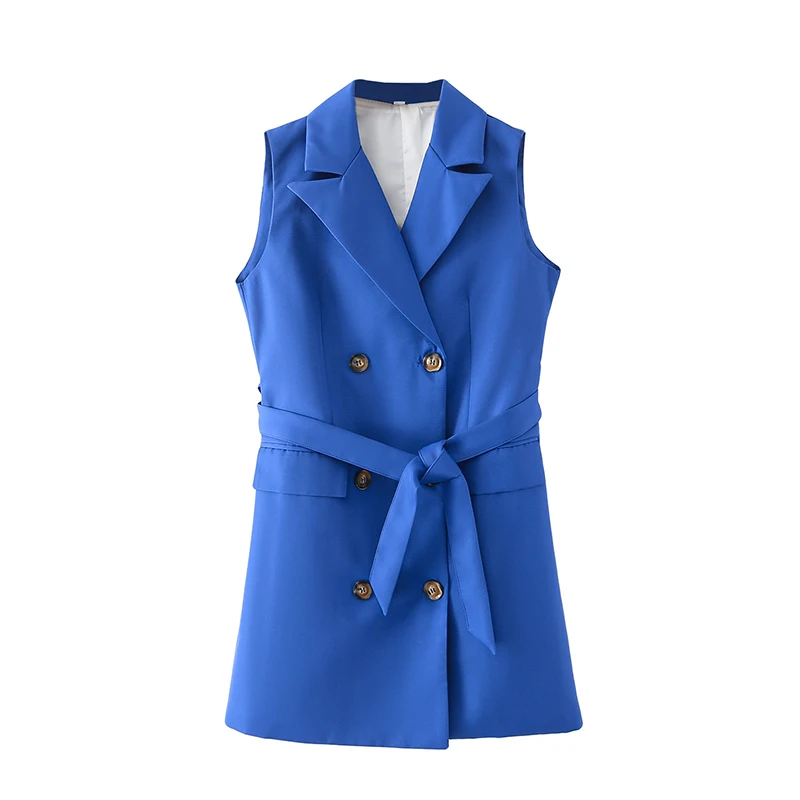 

2022 Spring Summer Women Fashion Solid Color Vest Coat Versatile Sleeveless Double Breasted With Belt Mid Length Coat DT27094