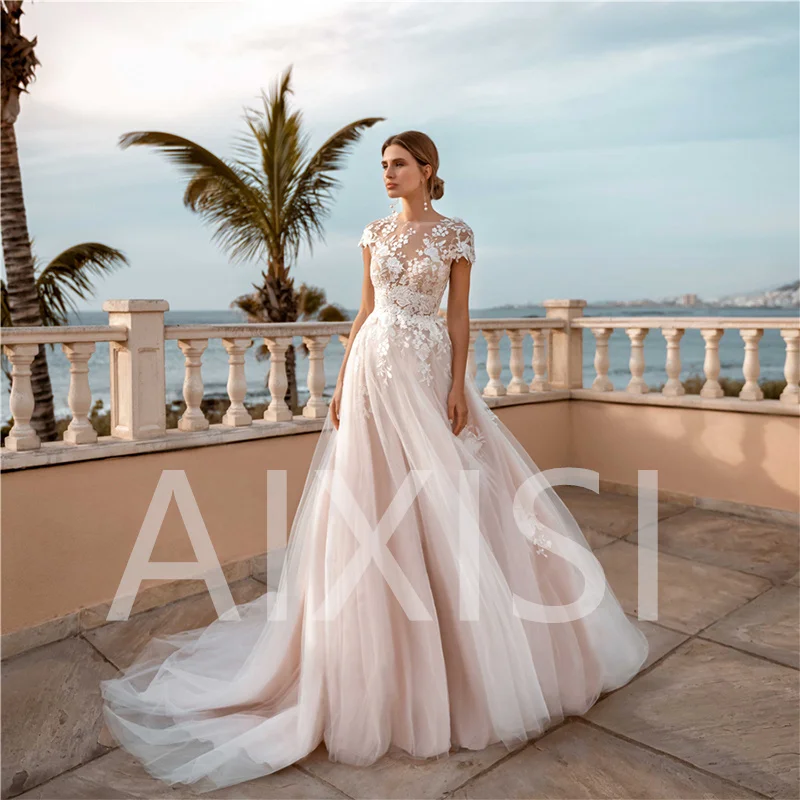 

Simple Charming Wedding Dressess Robe De Soiree Femme Pour Mariage A-Line O-Neck Short Sleeve Zipper Backless Floor-Length