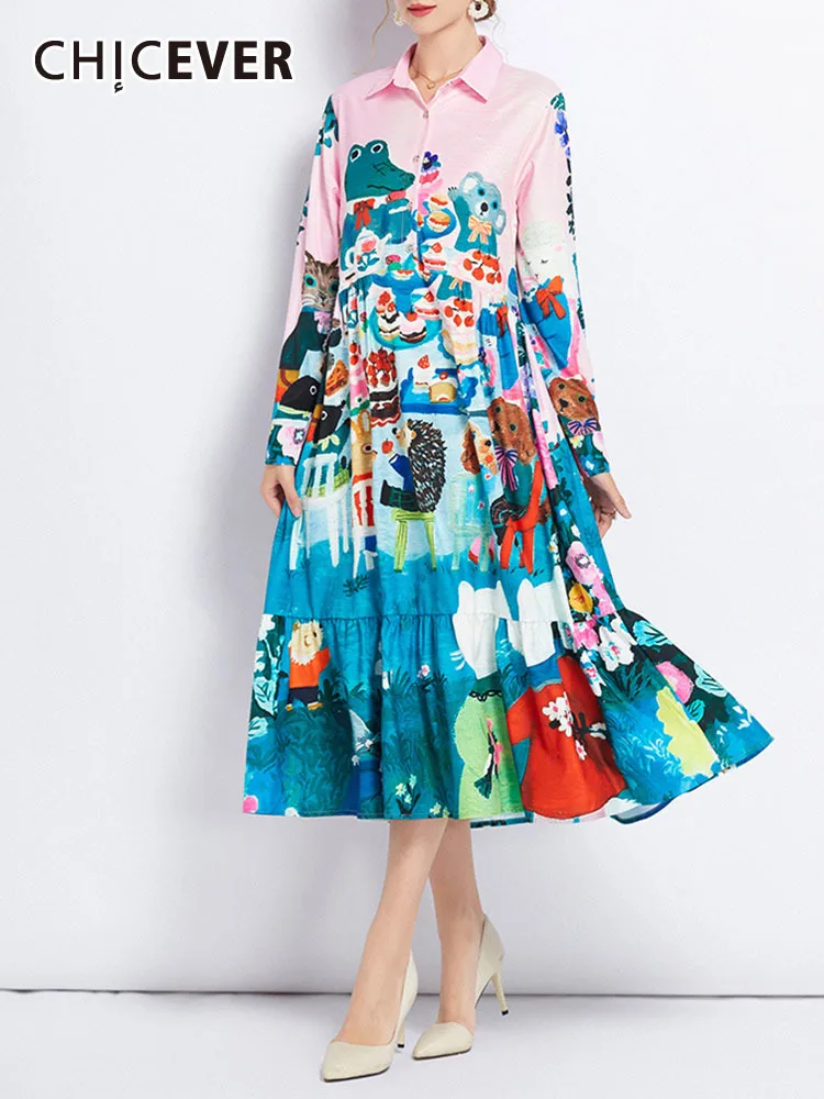 

CHICEVER Print Pleated Dresses For Women Lapel Long Sleeve High Waist Single Breasted Tunic Casual Colorblock Midi Dress Female