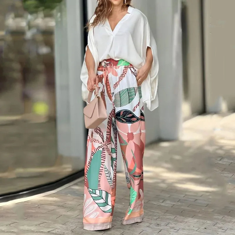 

Explosive Women's Suit 2023 Europe And The United States Fashion Summer New V-neck Bat Sleeve High Waist Wide Leg Pants Printed