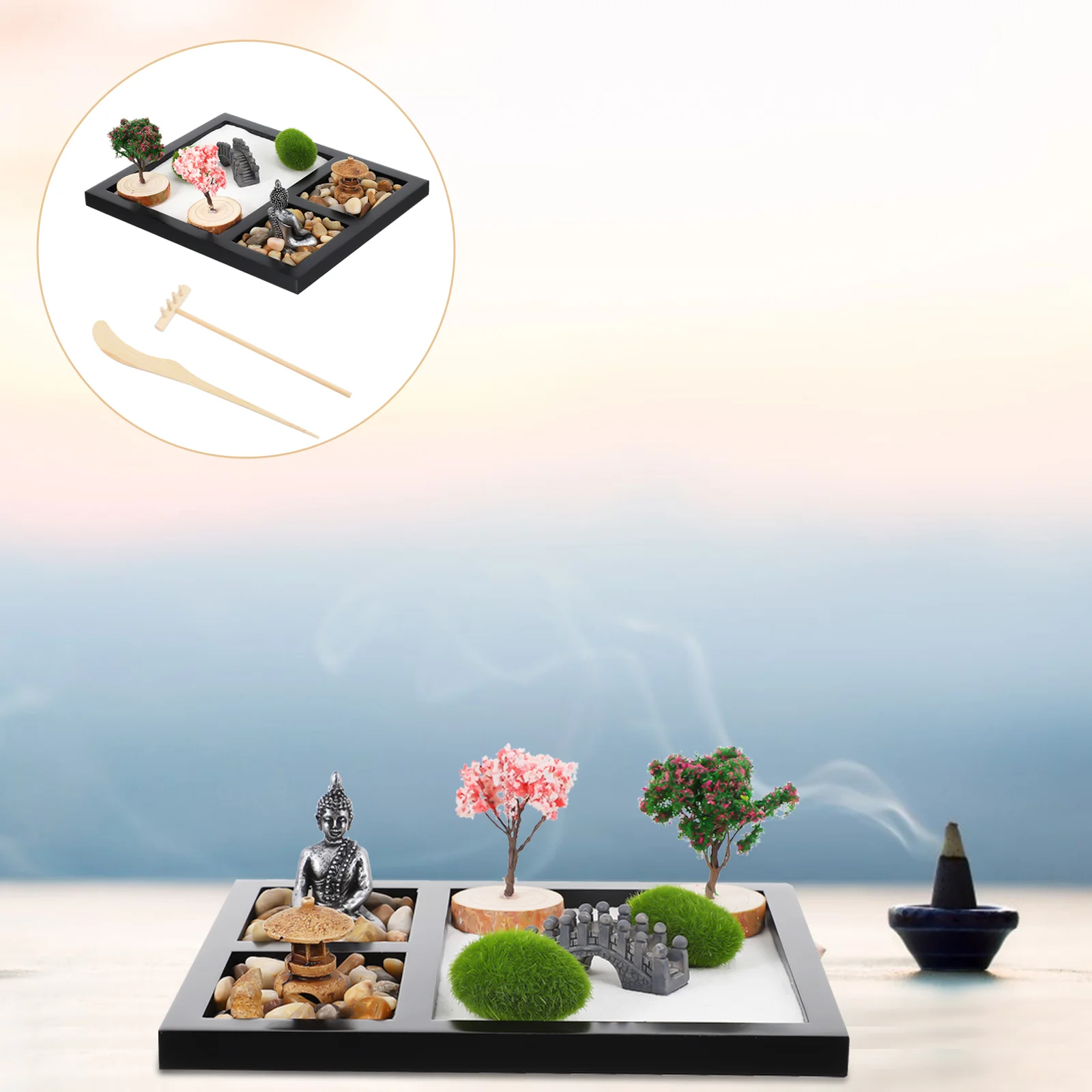

1 Set Zen Garden for Desk Wood Tray Statue White Sand River Rocks Pebbles Rake Tools Set Zen Sand Garden Meditation Gifts