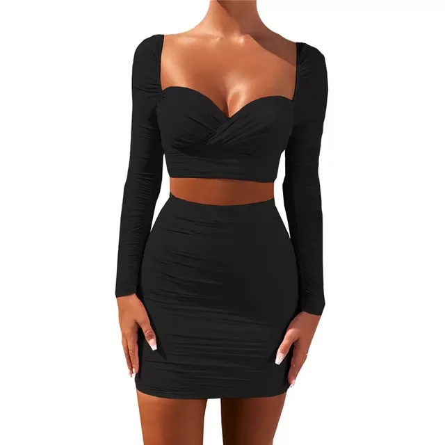 

2022 Fashion Women Ladies Stretch Long Sleeve Sexy Backless High Waist Short Outfits Set 2 Pieces Mini Skirts Black